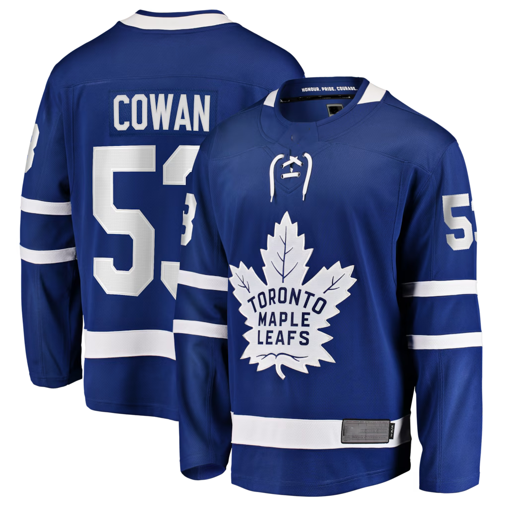 Friene TM.Leafs #53 Easton Cowan Blue Home Breakaway Jerseys