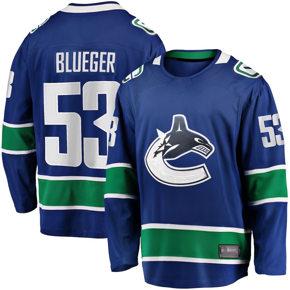 Friene V.Canucks #53 Teddy Blueger Blue Home Breakaway Jerseys