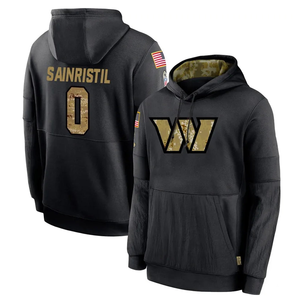 Friene W.Commanders #0 Mike Sainristil Player Black Salute to Service Performance Pullover Hoodies Home Game Stitched Jerseys