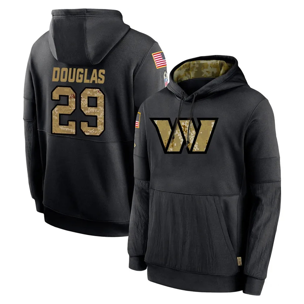 Friene W.Commanders #29 Rasul Douglas Player Black Salute to Service Performance Pullover Hoodies Home Game Stitched Jerseys