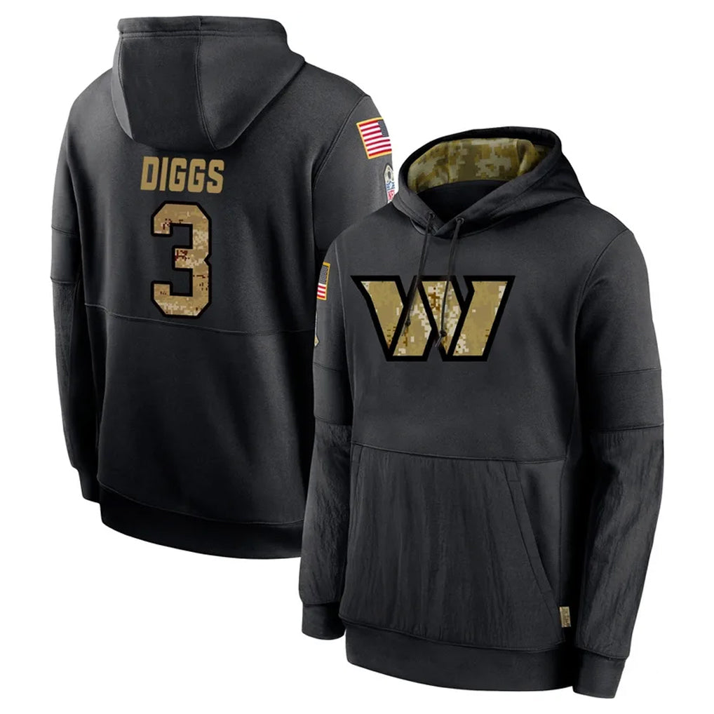 Friene W.Commanders #3 Stefon Diggs Player Black Salute to Service Performance Pullover Hoodies Home Game Stitched Jerseys