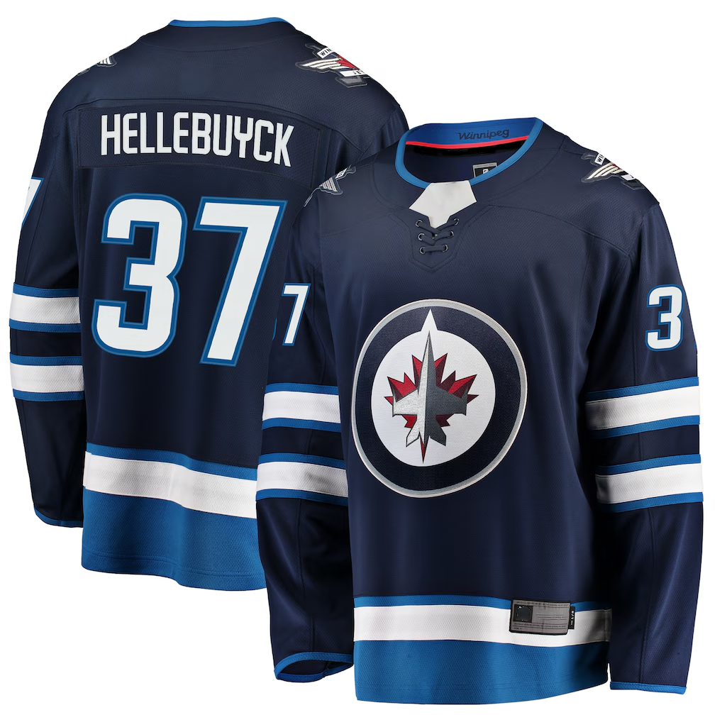 Friene W.Jets #37 Connor Hellebuyck Navy Breakaway Replica Jerseys