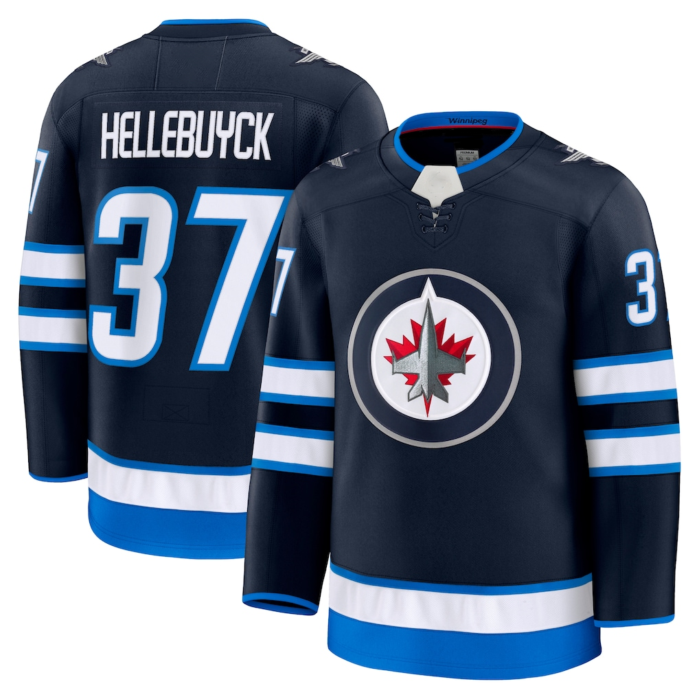 Friene W.Jets #37 Connor Hellebuyck Navy Home Premium Jerseys